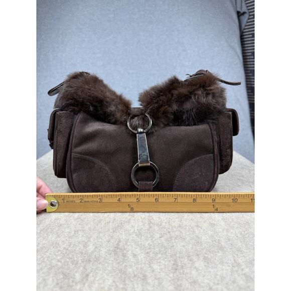Stuart Weitzman Dark Brown Suede Fur Trim Shoulder Bag Front Clip - Picture 7 of 14